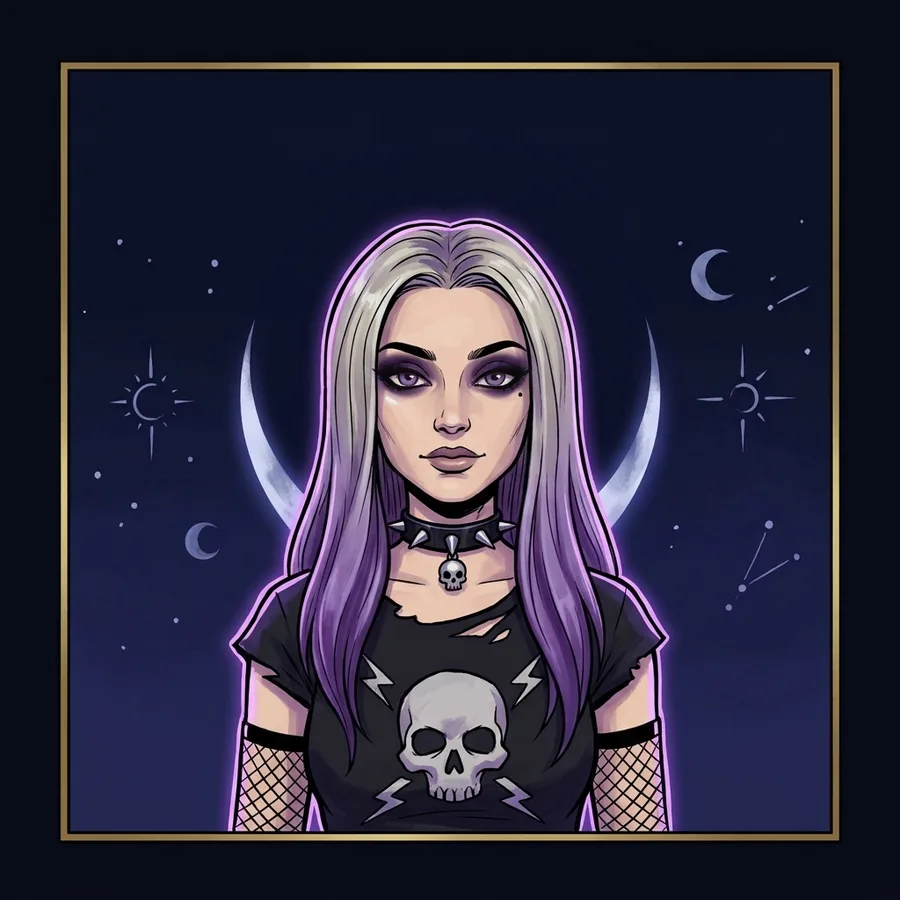 Illustration of Luna: long silver hair fading to violet, smoky violet eyes, black choker, a crescent moon behind her